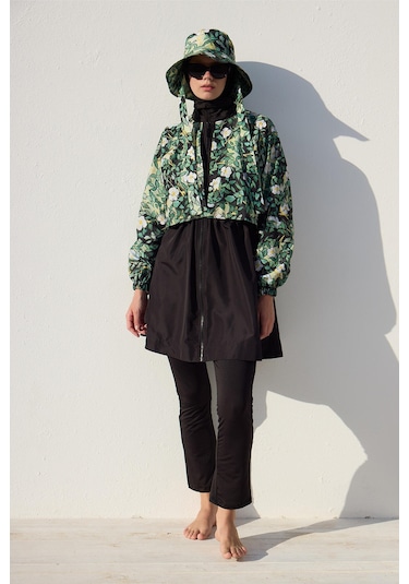 Manuka Rüzgarlıklı 3'lü Tesettür Mayo Takımı Yaprak Çok Renkli