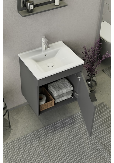 Biani Fix Arya 55 Cm Banyo Dolabı,Seramik Lavabolu, Aynalı,Lavabo Dahil,Mdf,Mat Gri Biani Fix Arya 55 Cm Banyo Dolabı,Seramik Lavabolu, Aynalı,Lavabo Dahil,Mdf,Mat Gri