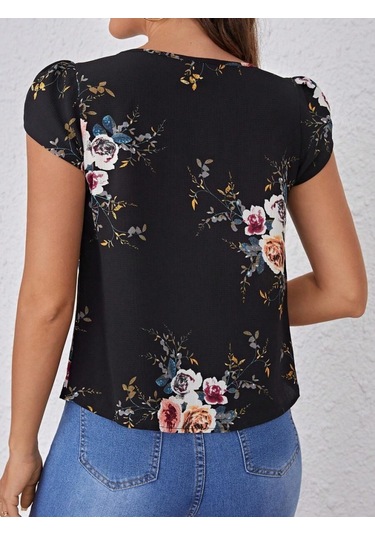 Kadın Kısa Kollu Bisiklet Yaka Çiçek Baskılı Süprem Bluz Siyah