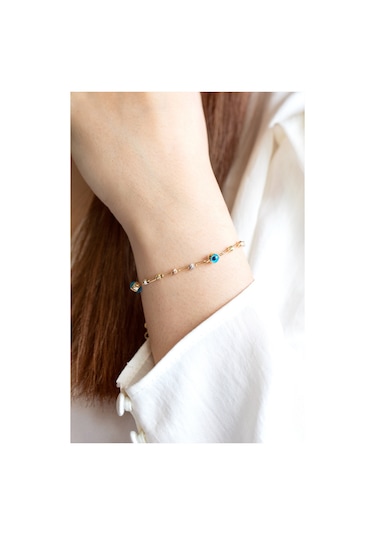 14 Ayar Altın Üç Renk Toplu Nazar Boncuk Tasarım Ataç Zincirli Sarı Altın