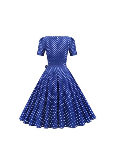 Vintage Puantiyeli Elbise Klasik Film Tarzı Tasarım Kare Zarif Zamansız Retro Yaka Kadın Elbise Sarı