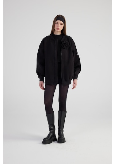 Holly Lolly Oversize Çıkarılabilir Gül Detaylı Astarlı Alexa Bomber Ceket Siyah
