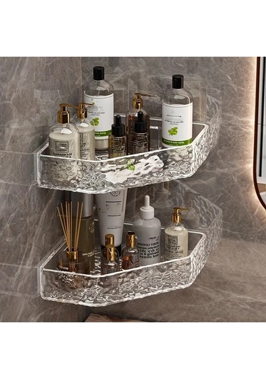 Xuweiwei 1 Adet Plastik Duvara Monte Transparan Banyo Köşe Rafı, Altın Boru Yok Şeffaf