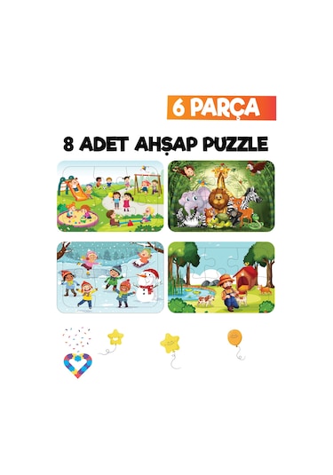 Ahşap Çocuk Puzzle 6 Parça 8 Adet