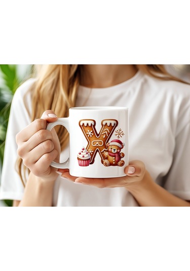 X Kurabiye Harf Ve Ayıcık Detaylı Kupa Bardak - Yeni Yıl / Yılbaşı Temalı Tasarım - Noel Hediye Beyaz