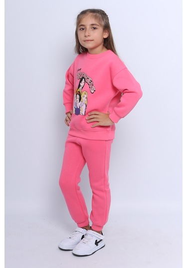 Kız Çocuk 3 İplik Eşofman Takımı Princess Baskılı E3 Fuşya