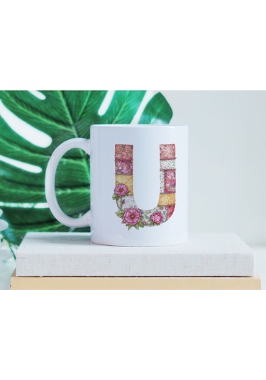 U Harfli Retro Çiçekli Kupa Bardak - Patchwork Tarz Yamalı Desenli İsme Özel Kupa - Hediye 07 Beyaz