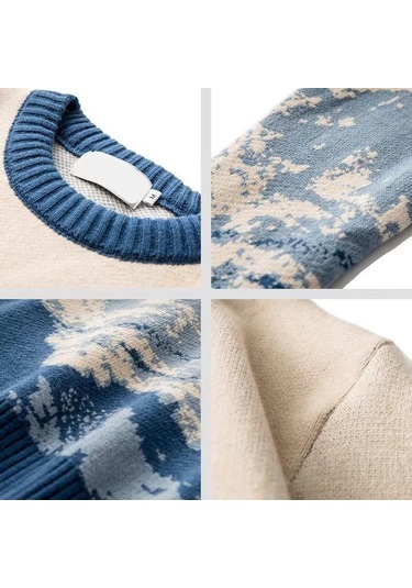 Sonbahar Ve Kış Kravat Boyalı Kar Dağ Trend Marka Yuvarlak Yaka Kazak Erkek Bol Kazak Üniversite Uzun Kollu Kazak Erkek Mavi