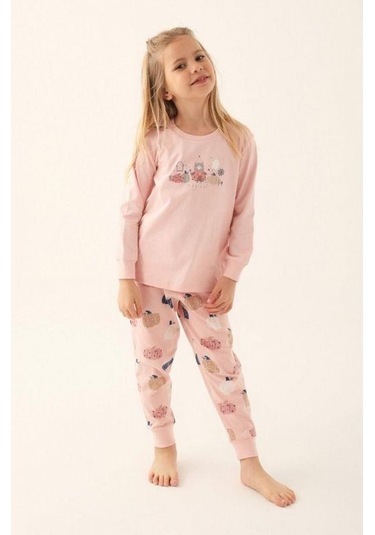 Kız Çocuk Ayıcık Baskılı Uzun Kollu Pijama Takım-16029 Pudra