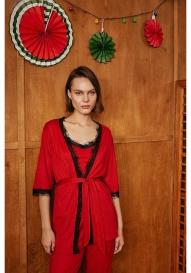 Defacto Fall İn Love Yılbaşı Temalı Wrap Yaka Yarım Kol Kuşaklı Sabahlık B7696ax23wnrd119 Kırmızı