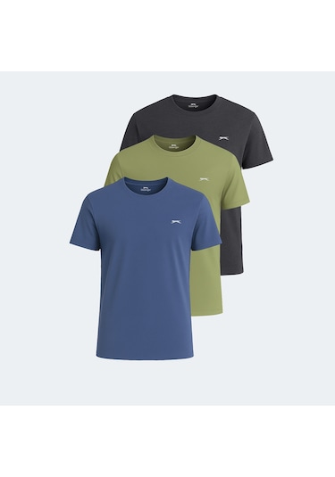 Slazenger KRATER 3 lü Set Erkek  Koyu Gri - Açık Yeşil - Indigo Tişört