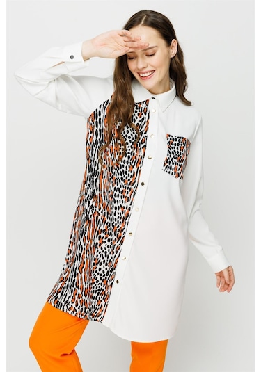Esswaap Leopar Baskı Detaylı Şık Tunik Oranj-oranj Oranj