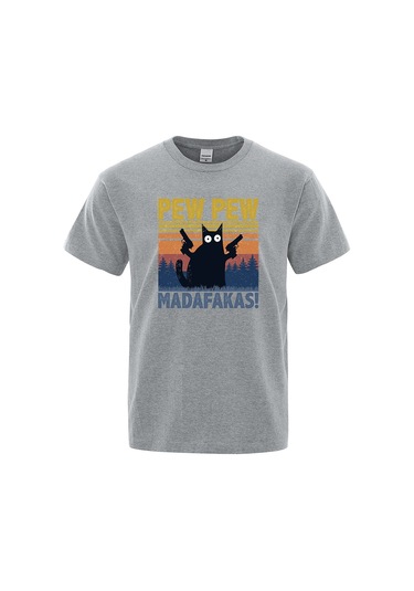 Teekossc Pew Pew Madafakas Erkek Kısa Kollu Komik Kedi T-shirt Vintage Yazlık Ekip Üstü Streetwear Chınagökyüzü Mavi Gökyüzü Mavi