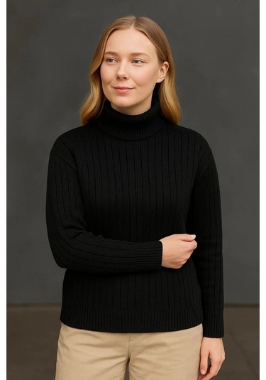 Kadın Balıkcı Yaka Bağazlı Triko Kazak Pamuklu Kalın Fitilli Dokuma - Siyah Siyah
