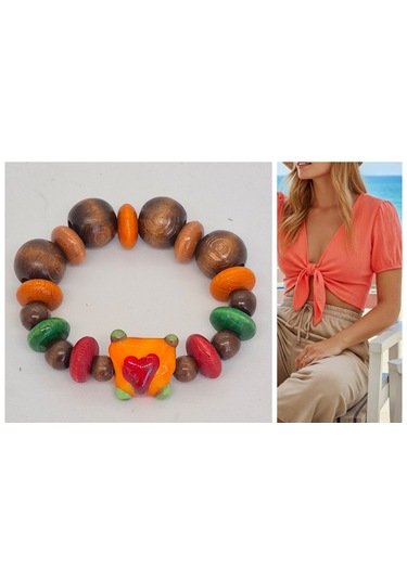 Murona Cam Boncuklu Ahşap Büyük Boncuklu Bileklik
