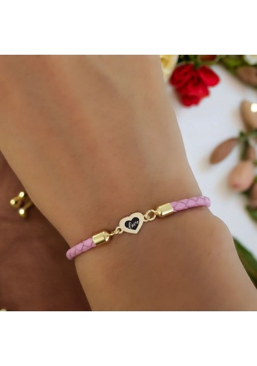 Archin Aşk Temalı 14 Ayar Altın Plakalı Pembe Derili Kalp Figürlü Hediye Bileklik-473sembol Aşk