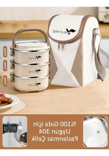 Termal Yemek Kabı, 2100 Ml, 304 Paslanmaz Çelik, 3 Katlı Açık Bej