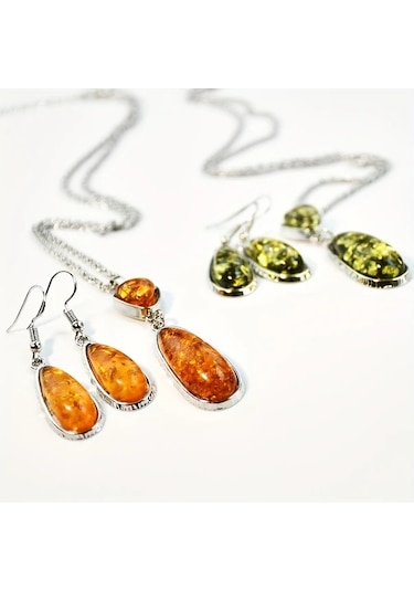 Tongdashop Vintage Kehribar Kolye Ve Küpe Seti Turuncu Doğal Taş Bohem Aksesuar