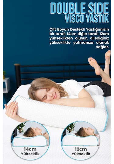 Viscofoam Yüksek Boyun Destekli Ortopedik Yastık Çift Boyun Destekli Visco Yastık - 60x40x14-12cm