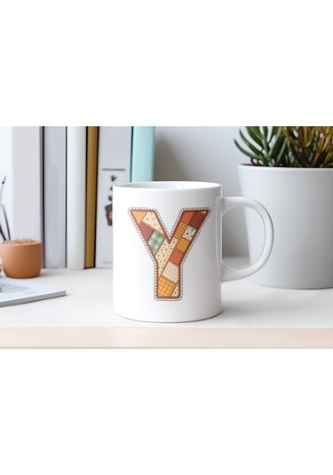 Y Harfi Sonbahar Kış Temalı Yamalı Tasarım Kupa Bardak - Etnik Ve Pathwork Severlere Özel Hediye Beyaz
