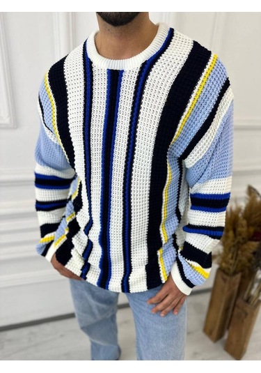 Kazak Oversize Renkli Örgü Desenli Naturel Pamuk Bol Kesim Salaş Triko Kazak Mavi