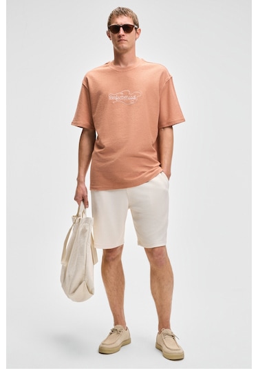 Grimelange MALYES Erkek Beli Lastikli Kordonlu Yanda Çift Arkada Tek Cepli Relaxed Fit Krem Şort & Bermuda