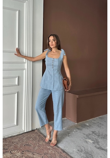 Modasize Şantuk Keten Yelek Görünümlüaskılı Bluz - Pantolon Tk - Mavi Mavi