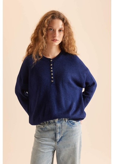 DeFacto Oversize Geniş Kalıp Düğmeli Yaka Triko Kazak D4913AXNSNV131 Lacivert