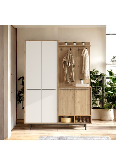 Robin Home Portmanto Vestiyer Ayakkabılık Metal Ayaklı Sepet-beyaz Ahşap - Beyaz