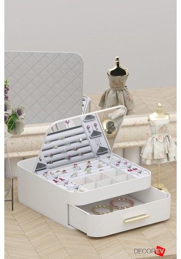 Decorev Aynalı Çok Bölmeli Çekmeceli Makyaj Takı Organizer Krem