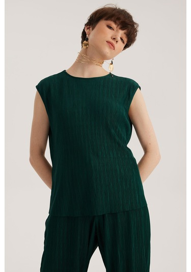 Yeşil Yuvarlak Yaka Kolsuz Pliseli Bluz Desenli