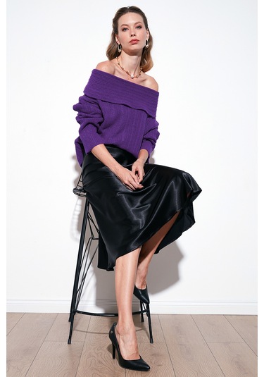 Lela Oversize Fit Madonna Yaka Triko Bayan Kazak 4615216 Mor