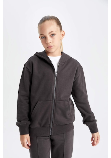 DeFacto Kız Çocuk Antrasit Basic Düz Kapüşonlu Fermuarlı Okul Hırkası C8110A824AUAR227 Antrasit