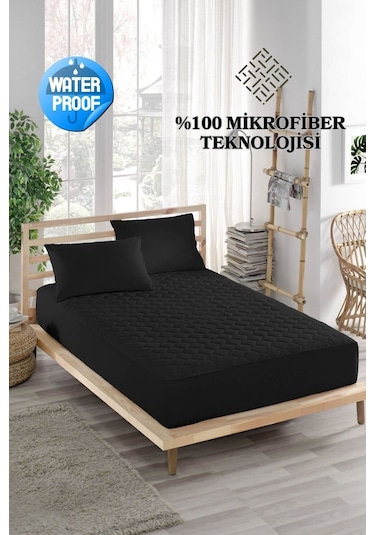 Sessiz Alez Siyah Yatak Koruyucu Kapitoneli Mikro Fitted Çift Kişilik