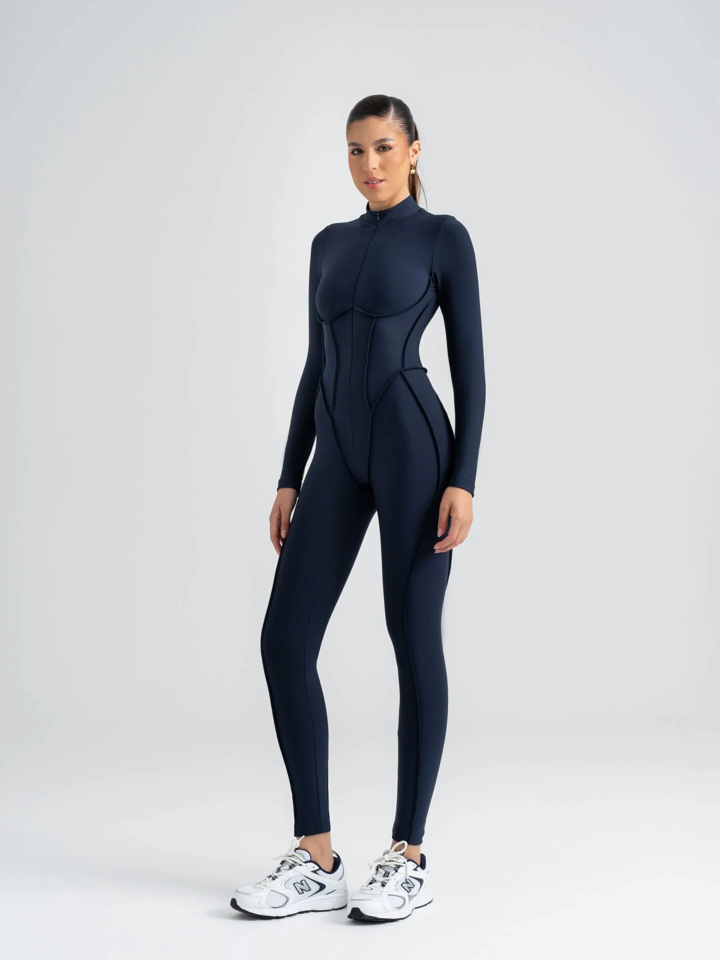 Dikişle Modellenmiş Spor Tayt Tulum Lacivert