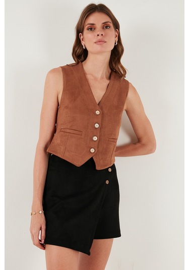 Lela Fitted Scuba Süet V Yaka Düğmeli Bayan Yelek 5865576 Kiremit
