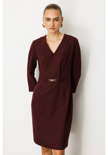Ekol Kadın Beli Metal Aksesuarlı Midi Elbise 4033 Bordo Bordo