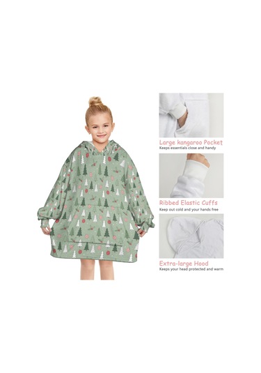 Noel Temalı 6-13 Yaş Çocuk Giyilebilir Battaniye Hoodie, Kalın Peluş, Büyük Boy-a145 Krem - Pembe