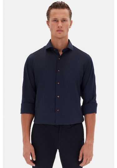 D'S Damat Ds Damat Slim Fit Lacivert Italyan Yaka Armürlü Uzun Kollu Kolay Ütülenebilir Nefes Alan Dört Mevsim  2HF02ORT3185 Lacivert