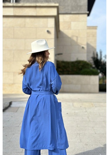 Kadın İndigo Çift Cepli Uzun Kimono & Bol Paça Pantolon - Salaş Alt & Üst Takım Indigo