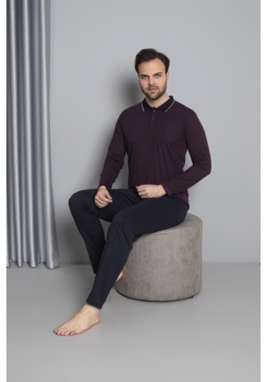Erkek Düğmeli Desenli Uzun Kollu Pijama Takımı 16585 Bordo Bordo