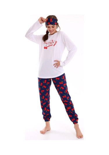 Calimera Kadın Pijama Takımı Uzun Kol Pamuklu Sıfır Yaka Beyaz - Lacivert