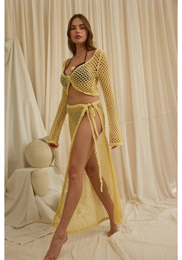Mai Collection Rubina Sarı Triko Crop Etek Takım