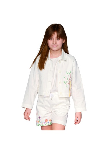 Çocuk Çizim Baskılı Kanvas Beyaz Kız Çocuk Ceket 001