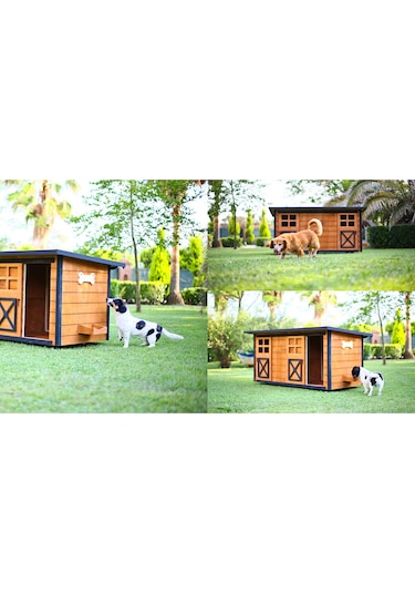 MANDU Ahşap İkiz Köpek Kulübesi (2 yuva tek kulübe) + İsimlik ve
