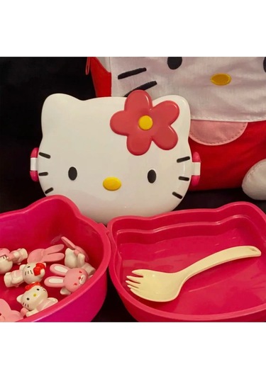 Kawaii 3d Hello Figür Kabartmalı 2 Katlı Çatal Ve Kaşıklı Kilitli Beslenme Çantası Kutusu