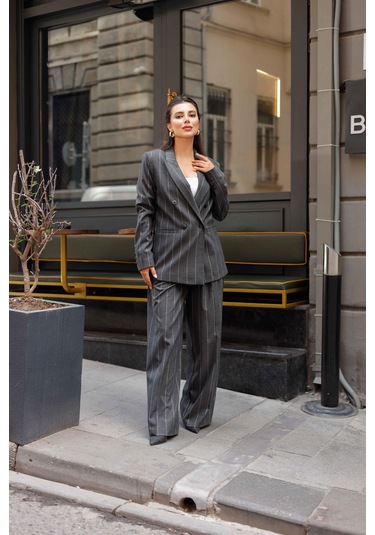 4 Düğmeli Kruvaze Geniş Çizgili Takım Antrasit Antrasit