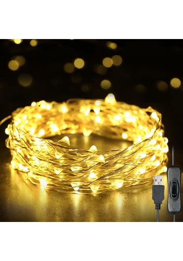 Honmex Usb Led Gümüş Tel Işık Zinciri, 10 Metre 100 Işık, Bağımsız Anahtar, Sıcak Beyaz Renk, Dekoratif Işık Beyaz