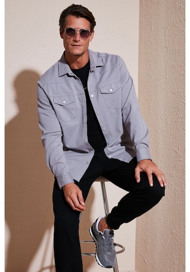 Buratti Pamuklu Regular Fit Çift Cepli Erkek Gömlek Cf24W116927 Gri