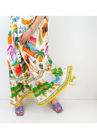 Özel Baskı Maxi Şifon Elbise Çok Renkli